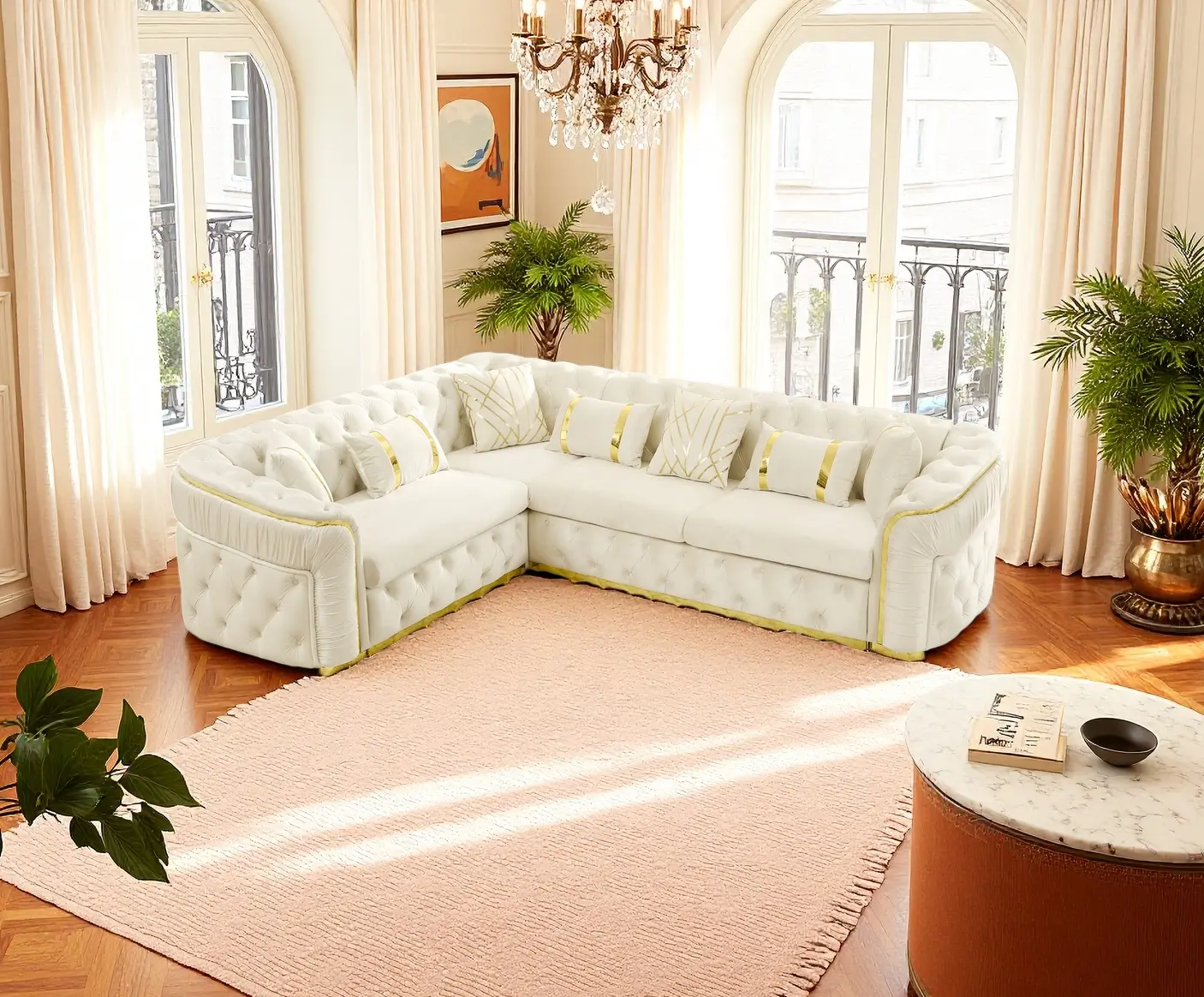 110.5" Luxury Italian Velvet L-Sofa Set -Chesterfield Sofa  – Oversized curved arm sectional with button tufting, gold stainless steel accents, and 7 pillows. for living room furniture transformations Flannelette Corner sofa