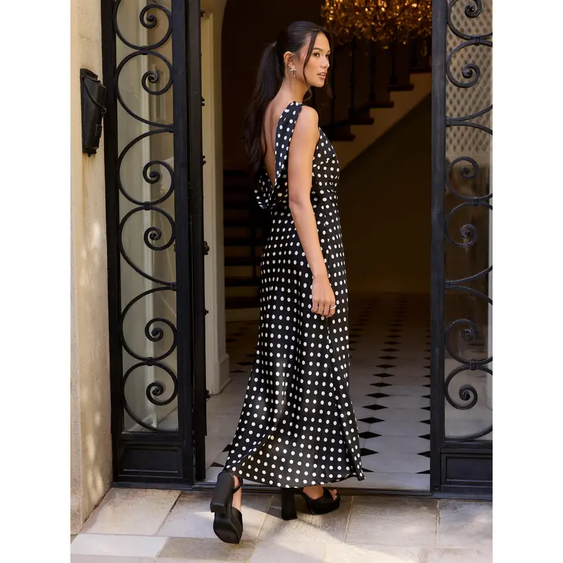 knee length dresses for ladies Rihoas Pol-Ka Dot Scarf Neck Midi Dress main image 1