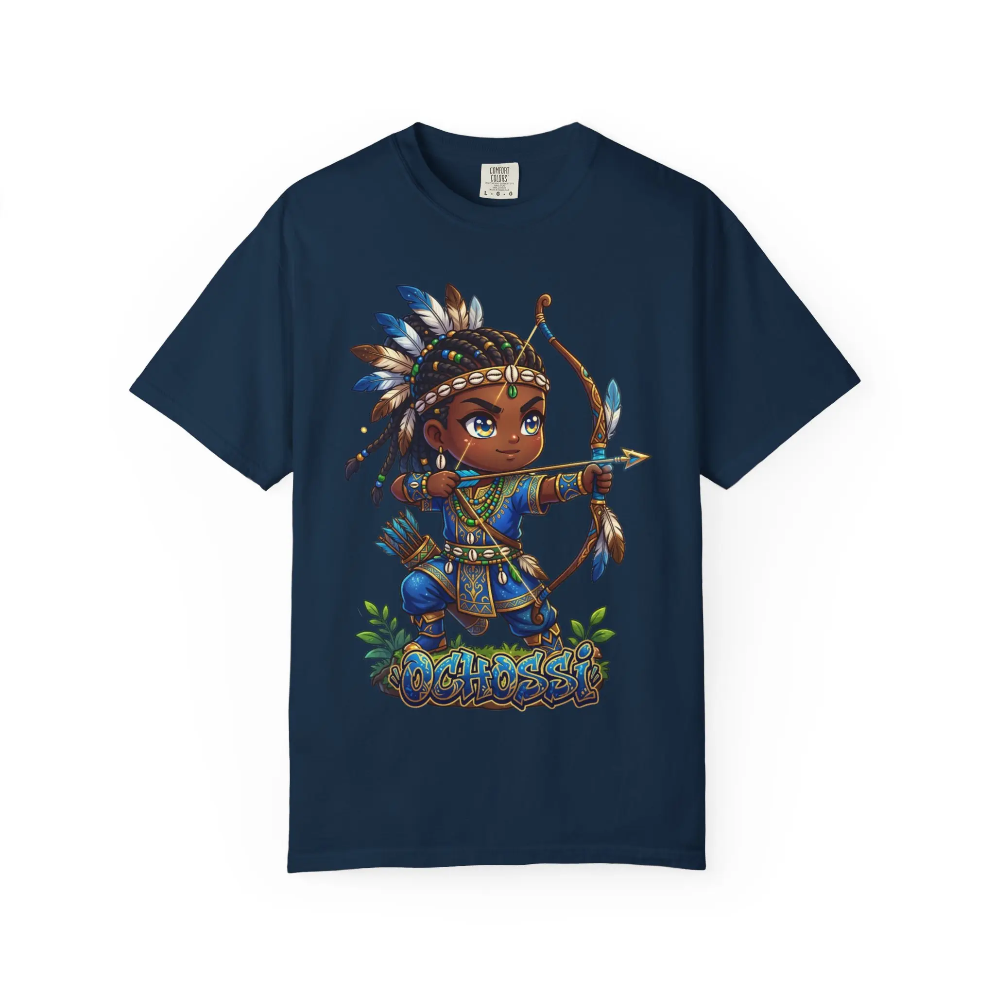 Men's Garment-Dyed Ochossi Chibi Graphic Cape Tee, Heavyweight Cotton Fabric Casual Short-Sleeve Relaxed Fit Streetwear T-Shirt for Hunters with Cowrie Shells