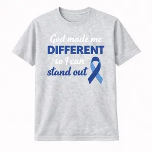 GOD MADE ME DIFFERENT T-SHIRT - Gray Crew Neck Short Sleeve Fitted Casual Tee with Blue Lettering