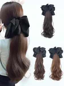 KAIRIYA Clip-In Bow Ponytail Hair Extension - Long Synthetic Wavy Curly Hairpiece With Decorative Bow For Women's Daily Birthday Holiday Queue Use