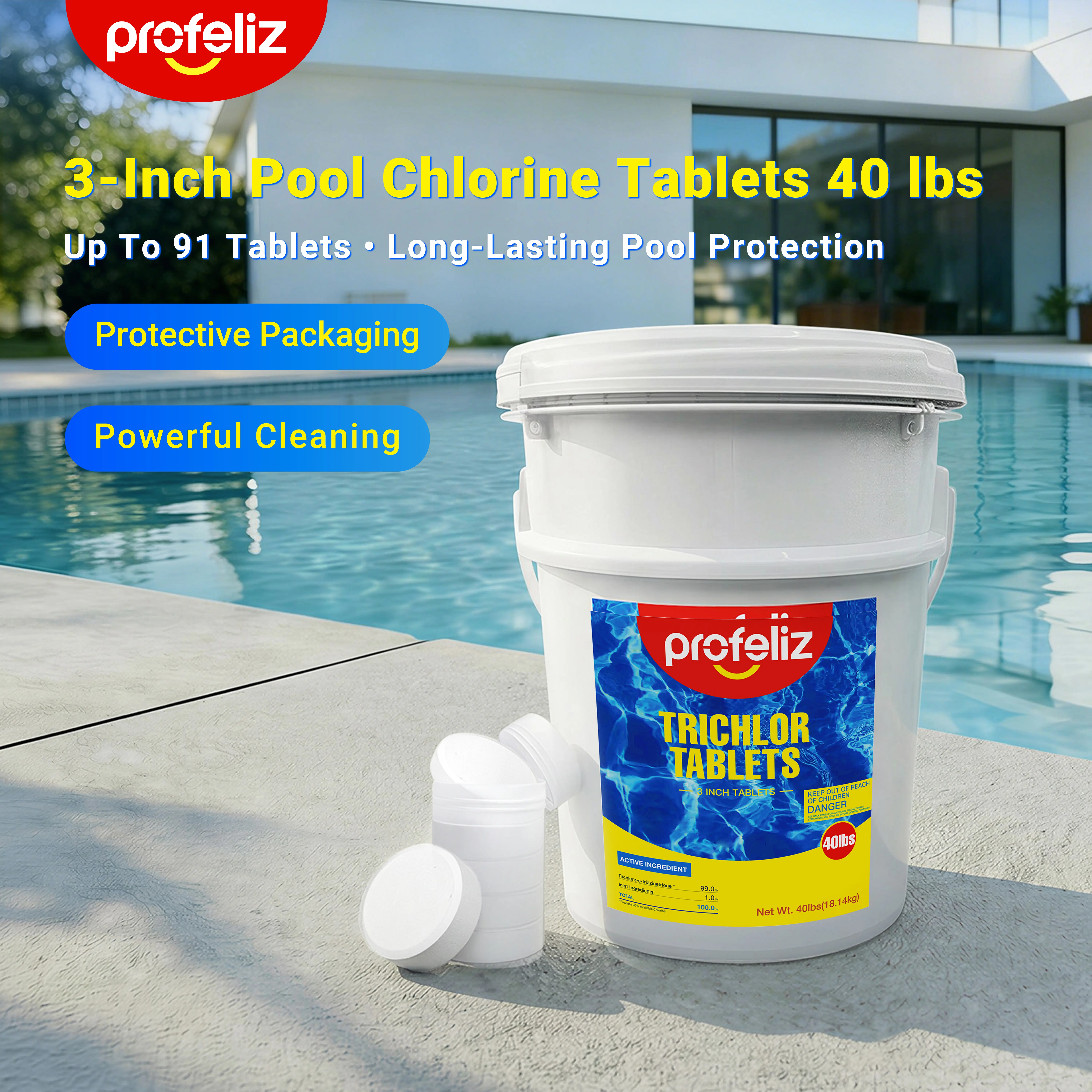 SummervibesPROFELIZ Chlorine Tablets 3 Inch for Swimming Pools, Kills Bacteria and Stops Algae, Slow Dissolving,Exclusive Protective Packaging,Pool Chlorine Tablets,40lbs