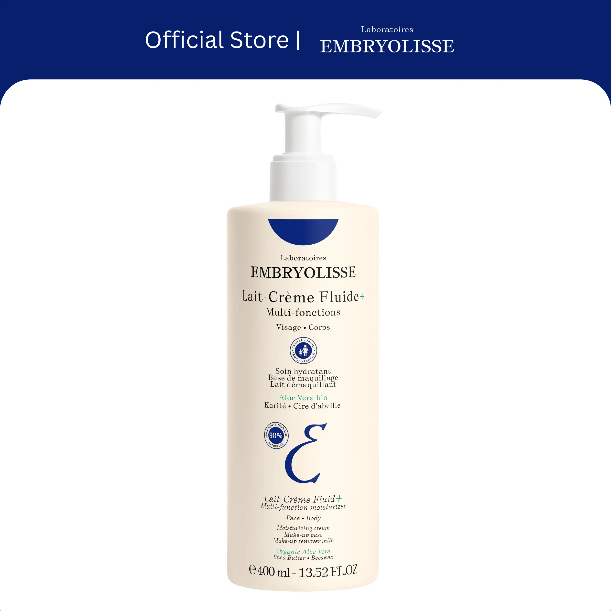 Embryolisse Daily Lightweight Moisturizer for Face & Body - Lait Creme Fluid+ 13.52 fl.oz. - for all skin types with Organic Aloe Vera
