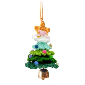 Handmade Crochet Mini Christmas Tree Ornaments with Pom-Poms & Ribbons, Festival Car Hanging Decorations