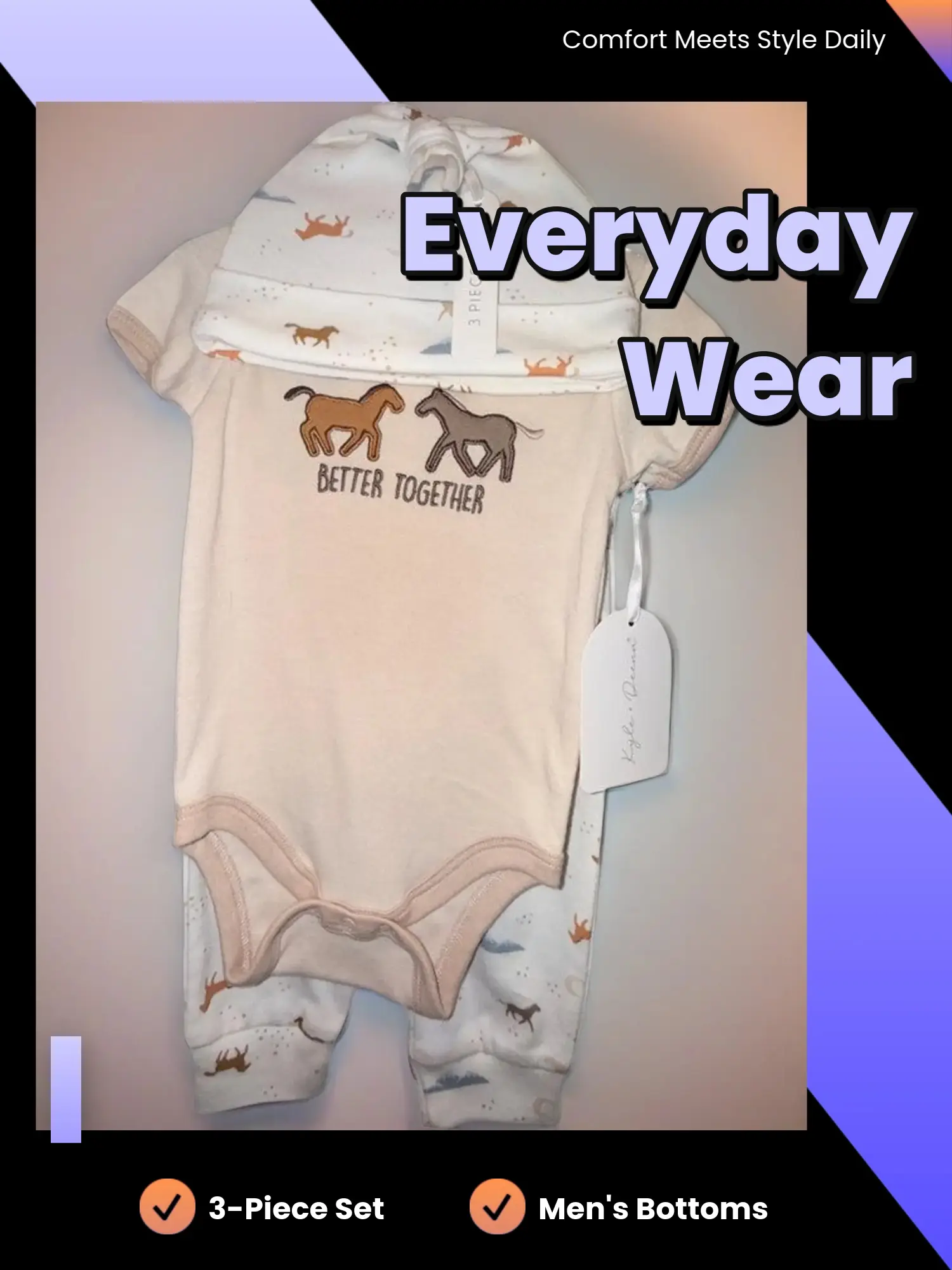 HORSES 3 PIECE SET - Menswear Pants Onesie Hat Combo for Comfortable Everyday Wear