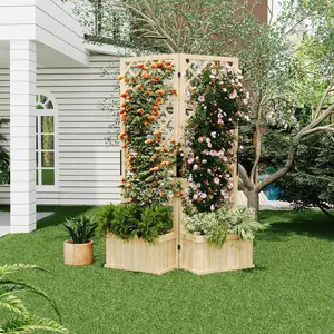 Cedar Privacy Screen with Planter Box, 2-Panel Freestanding Garden Divider with Trellis for Patio & Backyard