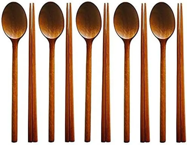 5 Set of Spoons and Chopsticks Handmade Cutlery Tableware Spoons Wooden Korean Jujube Tree Dinnerware Sets Combinations Utensil