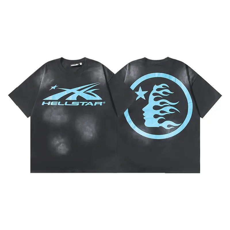 HELLSTAR Certified Professional Y2K Premium Quality Cyan Star Flaming Face Washed Short Sleeve T-Shirt Casual Tops Mens Standard Fit