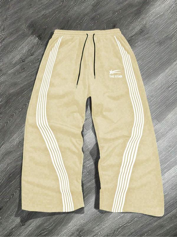 Men's Letter & Star & Striped Print Drawstring Waist Sweatpants, Regular Fit Casual Street Elastic Waist Straight Leg Trousers for Fall & Winter, Sports Casual Pants, Men's Bottoms for Daily Wear