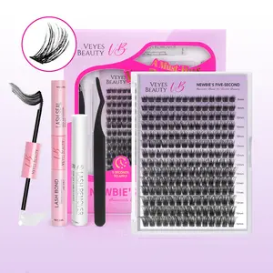 Summervibes VEYESBEAUTY Dreamy Cluster Lashes Kit Individual Lash Extensions With Bond & Seal+ Tweezer Newbie's Five-Second DIY Dramatic Volume Eyelash Wispy Faux Mink Lash Mixed Length Tray for Self Application at Home Makeup Cosmetic