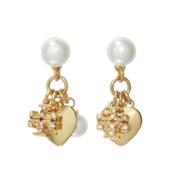 Tory Burch Women's Love Heart Earrings, Necklace & Letter Logo Stud Earrings Set - Niche Luxury Aesthetic Delicate Matching Fashion Jewelry, Premium Ladies Versatile Accessory Set for Daily Wear, Date, Party & Gifting