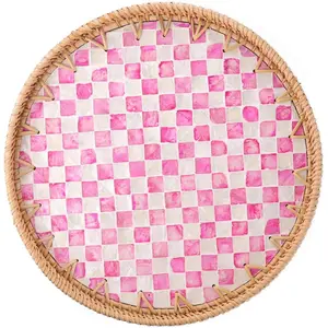 Round Rattan Tray with Mother of Pearl Inlay, Rattan Serving Tray for Coffee, Bread, Fruits, Decorative Wicker Tray for Table Decor, Home Decor, Kitchen Island Decor(Pink Checkerboard, 11.8")