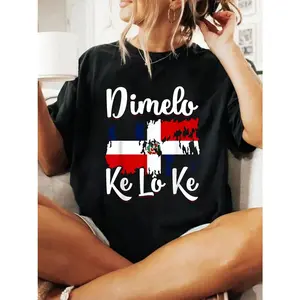 Dominican Republic Flag Dimelo Ke Lo Ke Women's Cotton T-Shirt Casual Crew Neck Short Sleeve Comfort Tee Top for Spring & Summer Women's Clothing