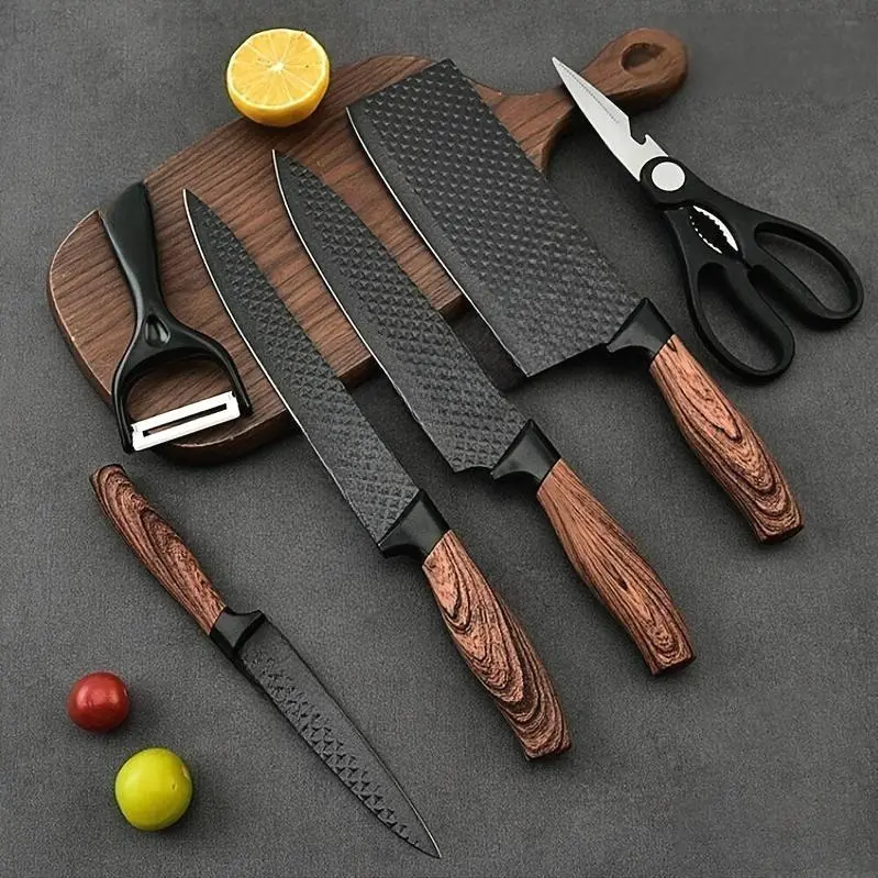 Professional 6pcs Kitchen Knife Set - Chef's Knife, Slicing Knife, Scraper, and Scissors - High Carbon Stainless Steel with Ultra-Sharp Blades, Non-Stick Ergonomic Wooden Handles - Ideal for Home, Travel, and Gift Box Set