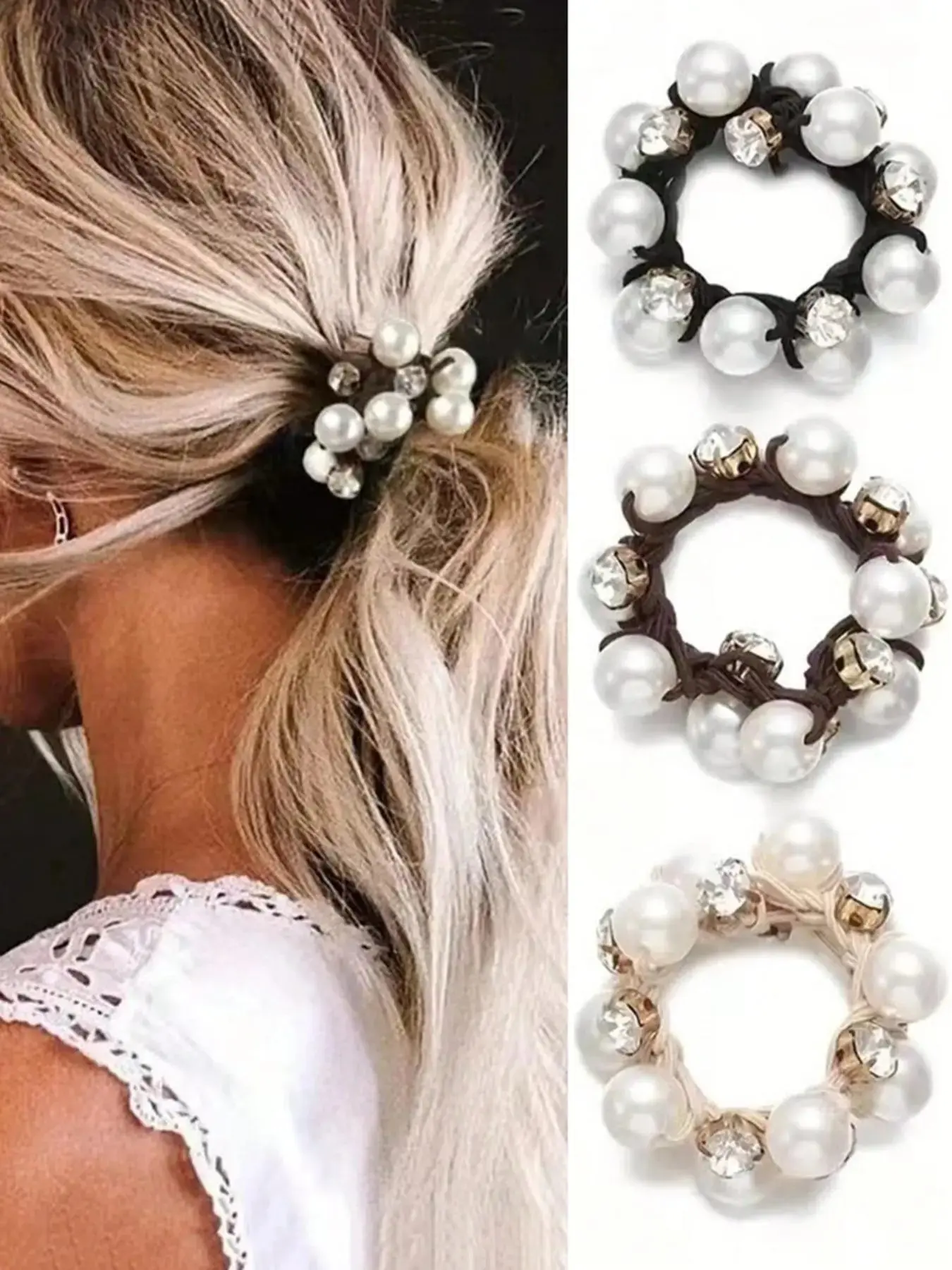 3 Counts Elegant High Stretch Faux Pearl Hair Tie for Women & Girls, Minimalist Headwear Suitable for Thick Hair, Summer Fashion Hair Accessories for Party, Daily Decor
