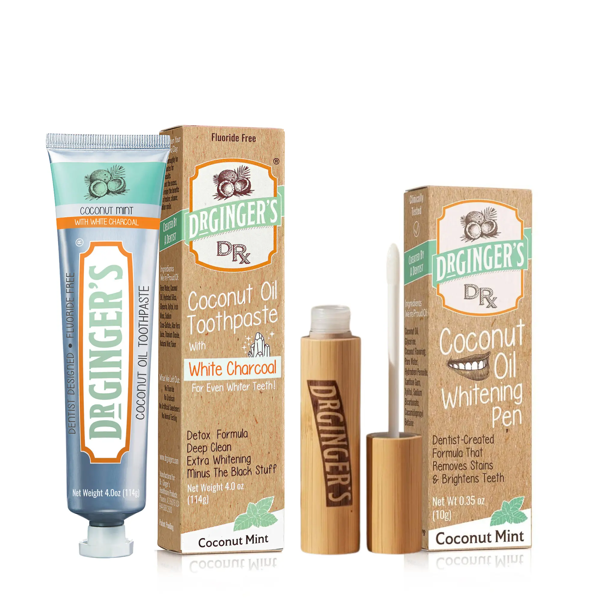 Dr Gingers Radiant Whitening Duo Organic White Charcoal Whitening Toothpaste with Organic Coconut Oil Organic Coconut Oil Whitening Pen Flouride Free Gentle