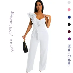 Womens Casual One Piece Jumpsuits V-Neck Sleeveless Ruffle Elegant Romper Wide Leg Pant Sexy Party Clubwear