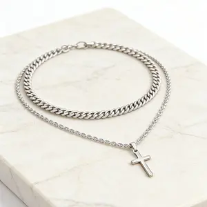 Men's Layered Titanium Steel Cross Pendant Necklace - 31cm Chain, 50.8g/1.79oz - Daily & Street Style Stacked Jewelry gift accessories
