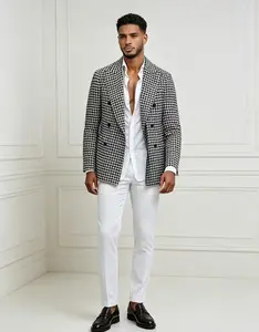 Viral men’s houndstooth suit jacket series — Black & White / Cherry Red / Vibrant colors (double-breasted, loose fit); vintage fashion personalized piece that elevates your everyday outfit; trendy slim plaid prom suit set for men; dazzling suits.