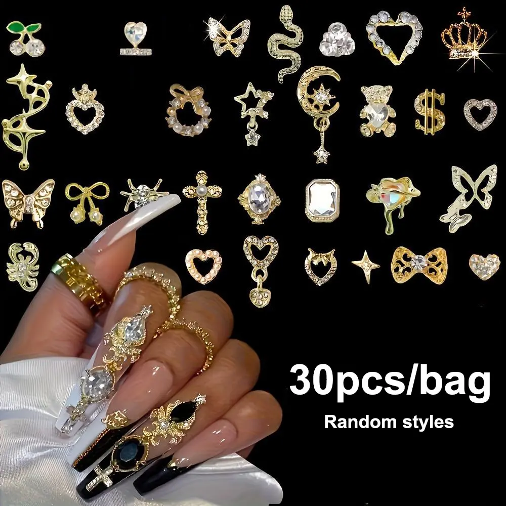 30pcs Elegant Nail Art Set, Rhinestone and Faux Decorations with 3D Alloy Nail Charms, Odorless DIY Manicure Accessories, Fashion Rhinestone Decorated, Random Mix
