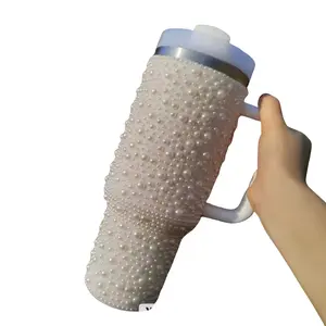 Yellow Pearl Studded Tumbler – 40oz Reusable Water Bottle with Handle & Lid