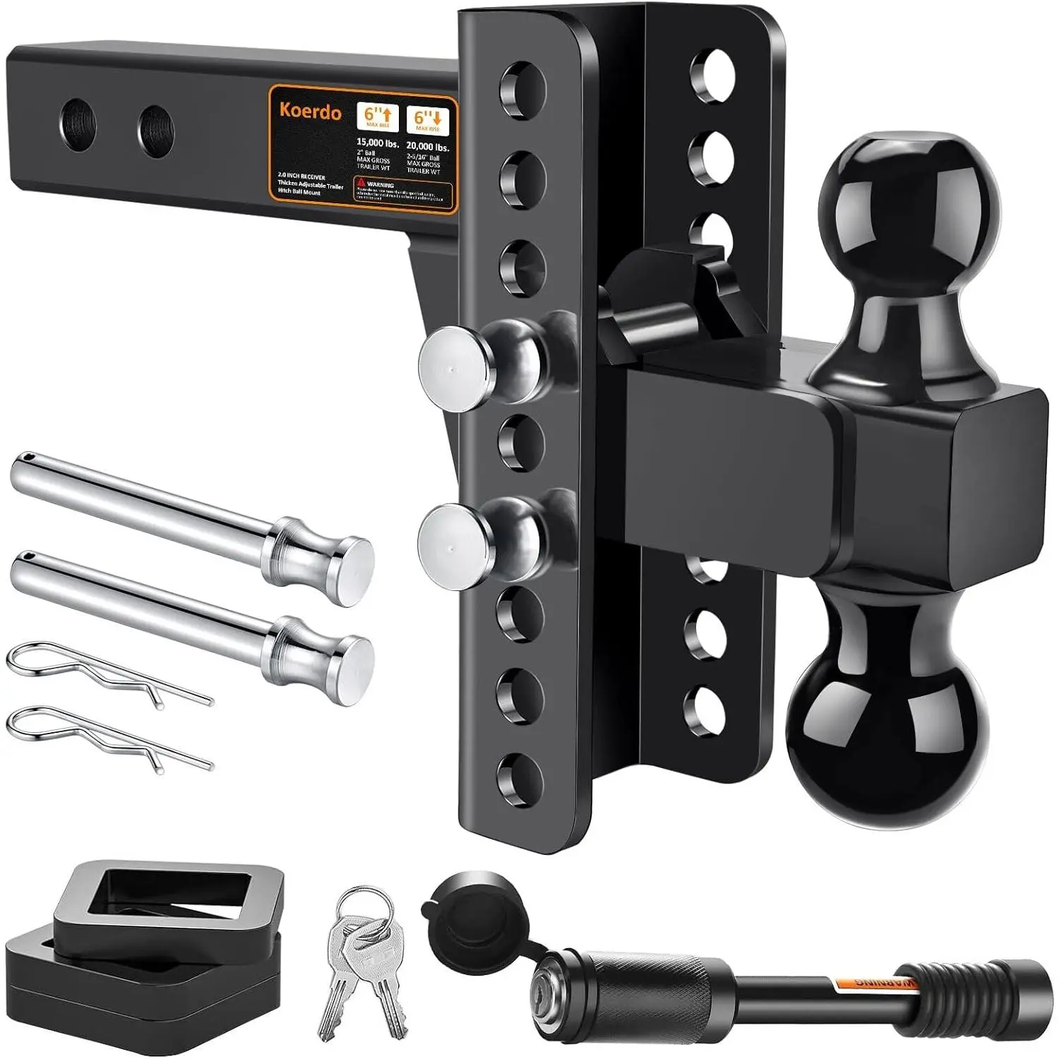 Adjustable Trailer Hitch -Drop Hitch-Tow Hitch with 2 inch Receiver-6inch Drop/Rise, 2" & 2-5/16" Ball Hitches for Trucks, 20,000 LBS GTW, Trailer Hitches with Anti-Theft Pin, Black-