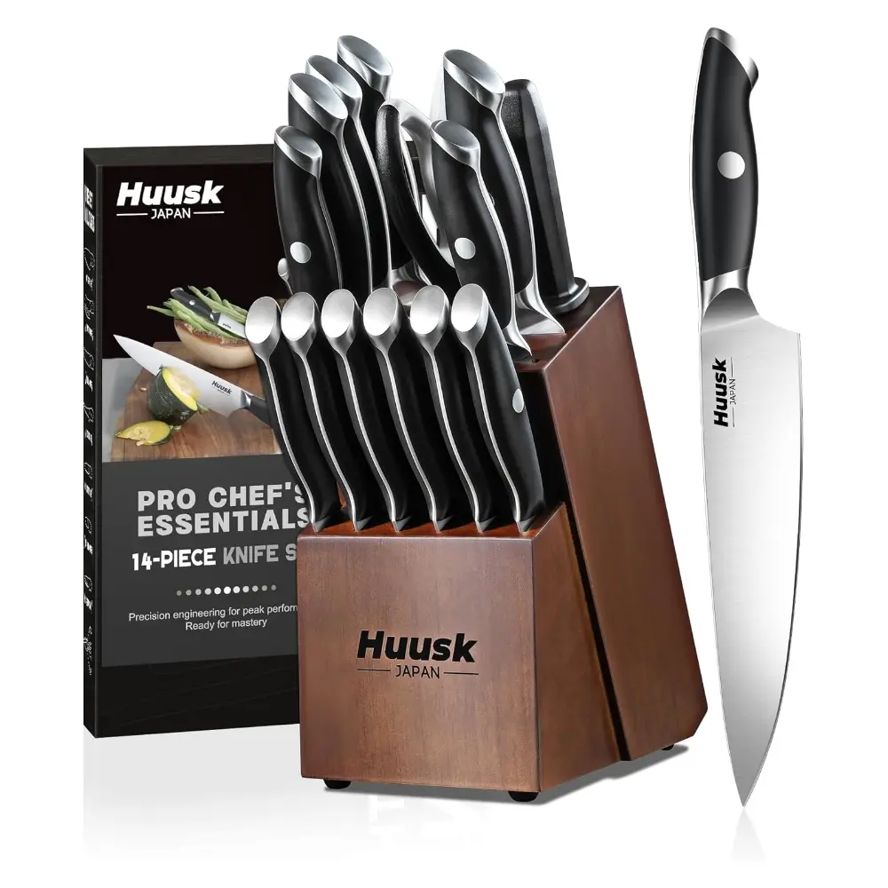 Huusk Knife Block Set - 14 Pieces Full Tang Kitchen Knives with Long-Lasting Edge & Natural Acacia Wood Block Ergonomic Knife Set as Elegant Gift for Men Women