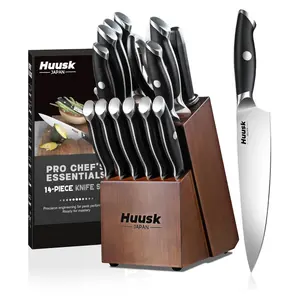 Huusk Knife Block Set - 14 Pieces Full Tang Kitchen Knives with Long-Lasting Edge & Natural Acacia Wood Block Ergonomic Knife Set as Elegant Gift for Men Women