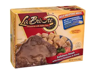 LaBriute Meals Salisbury Steak with Diced Potatoes – Self Heating Ready to Eat Entrée w/Snack |46g Protein, Low-Calorie Pre-Packaged Lunch or Dinner | Shelf Stable, Fully Cooked, No Refrigeration Needed|Glatt Kosher | 12 oz Serving