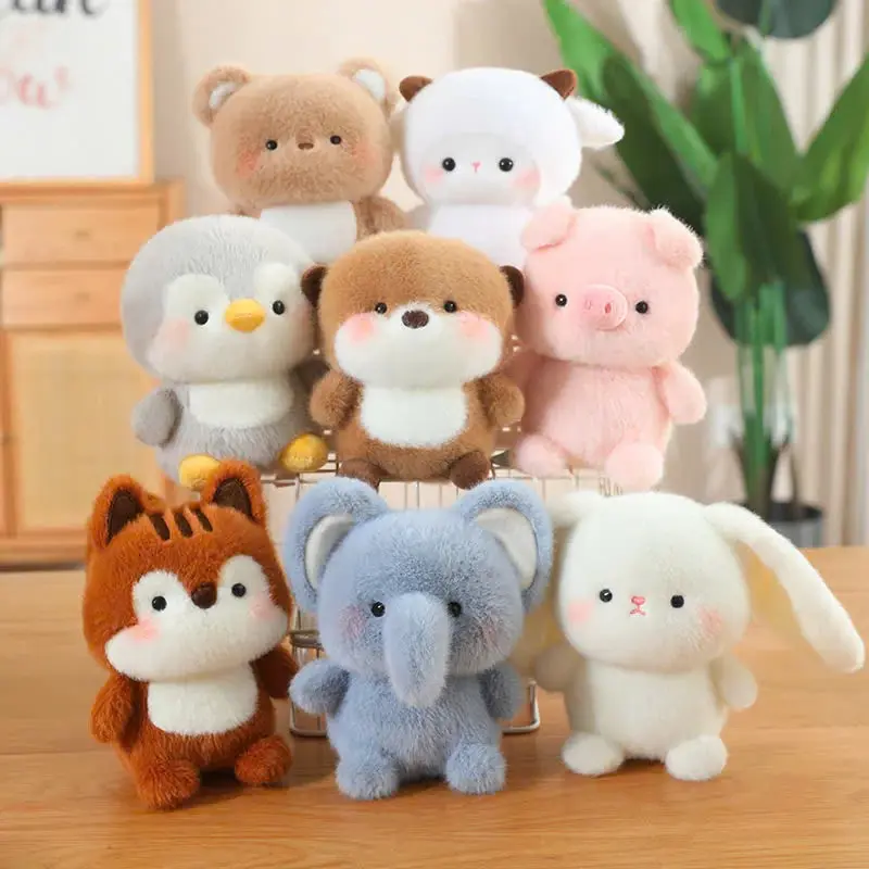 Mini plush toys of various animals: pig, chicken, dog, penguin, elephant, fox, ferret, panda, rabbit, sheep...
