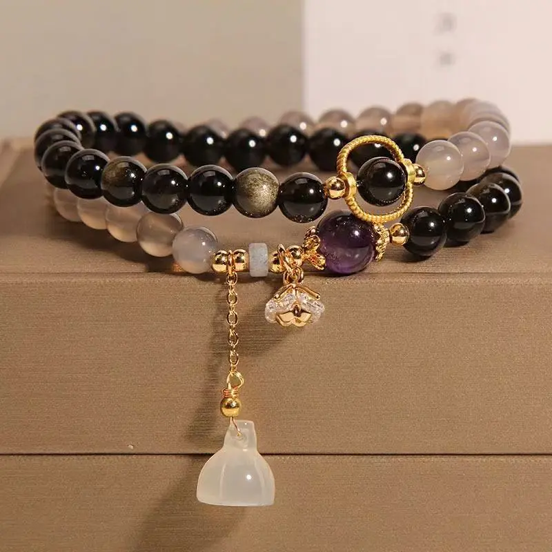 Gray Agate Obsidian Amethyst Double Bracelet