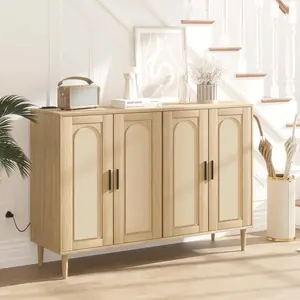 Garvee Rattan Sideboard with Power Outlet, Wooden Side Board Accent Buffet, Wood Sideboard Cabinet Buffet with 4 Doors, Boho Cabinet for Entryway, Hallway, Dining Room, Living Room, Coffee Bar (Wood)
