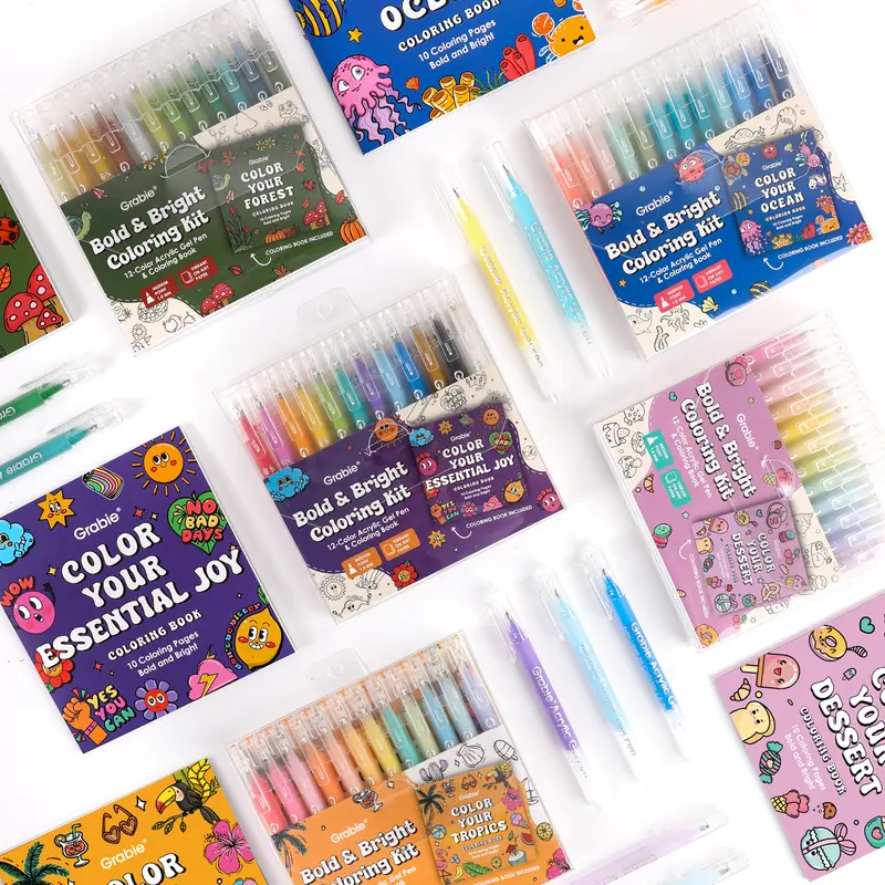Grabie Bold & Bright Coloring Kit, 12-Color Acrylic Gel Pen & Coloring Book, Tiktokshopstockup, Tiktokshopmothersday