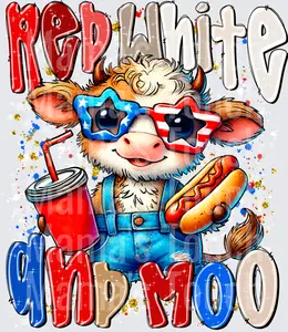 Red White and Hip Moo Patriotic Highland Cow with American Flag Sunglasses Hot Dog and Drink