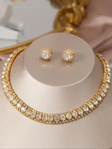 Luxury Silver Blue Crystal Necklace Square Earrings Jewelry Set for Women, Perfect for Parties Weddings Festivals