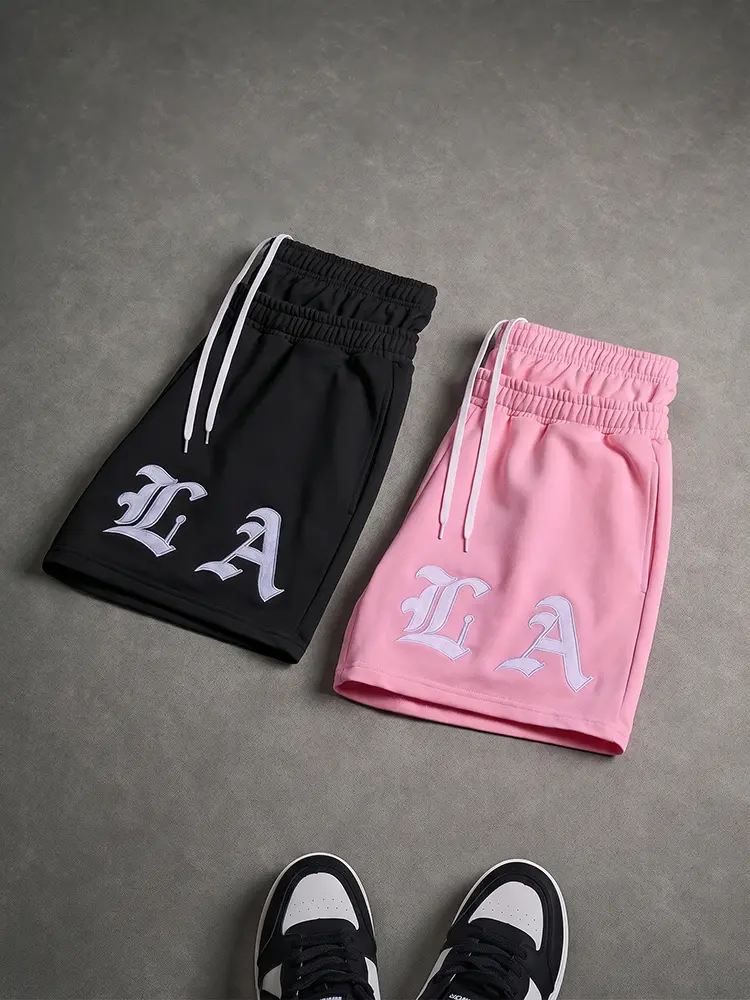 Men's Quick-Dry Knit Polyester Sporty Chic Casual Athletic Shorts - 1pc, Pink Letters Printed, Loose Fit, Double Layers, Elastic Drawstring Waist, Pockets, Above-Knee, Breathable, Suitable for Gym, Hiking