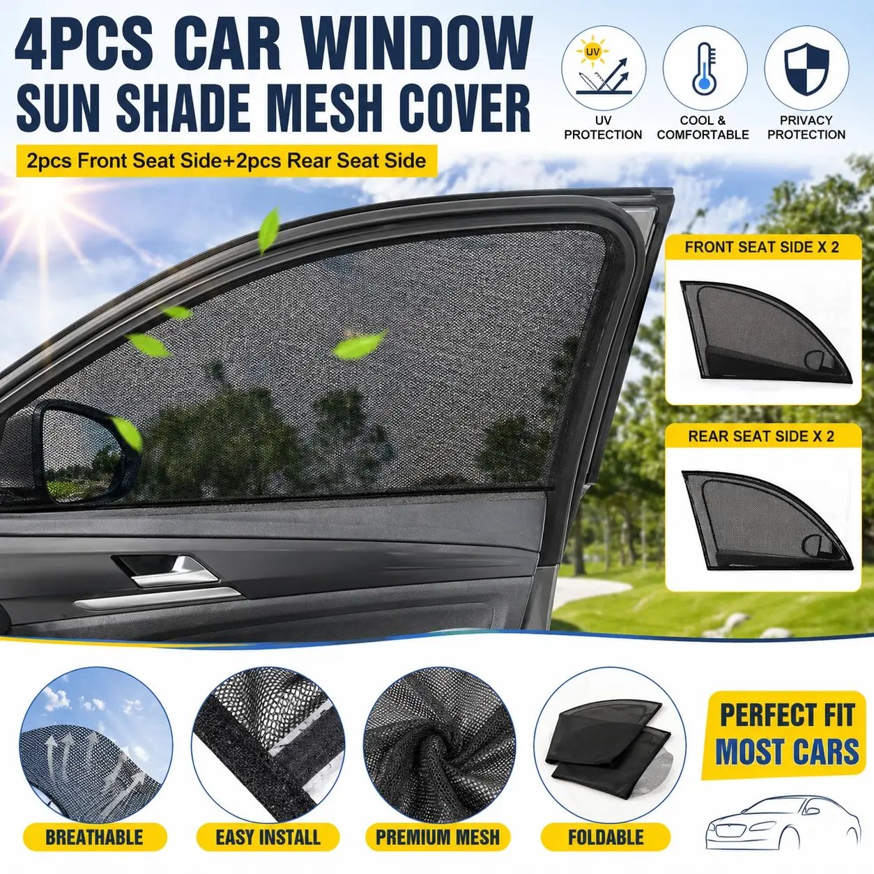4 Piece Car Window Sunshade and Mosquito Net Curtains, Car Window Shades, Sun Shades For Car Windows, Foldable All-Weather Privacy, UV Protection, Bug Repellent, for Cars and Suvs, Suv Vehicle Sunshade