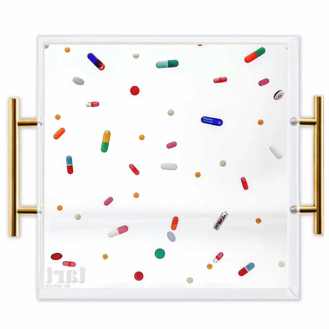 Large Acrylic Multi-Use Tray - Classic Pill-Shape & Square Shape, 11’’ x 11’’ x 2’’ (11x11 in) Acrylic Layers, Kitchen & Tableware Serving Accessory