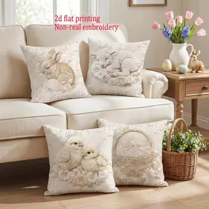 4-Piece Colorful Egg Rabbit Flower Easter Decorative Pillow Covers, 45x45cm, Clear 2D Printing, Hidden Zipper for Indoor & Outdoor Use