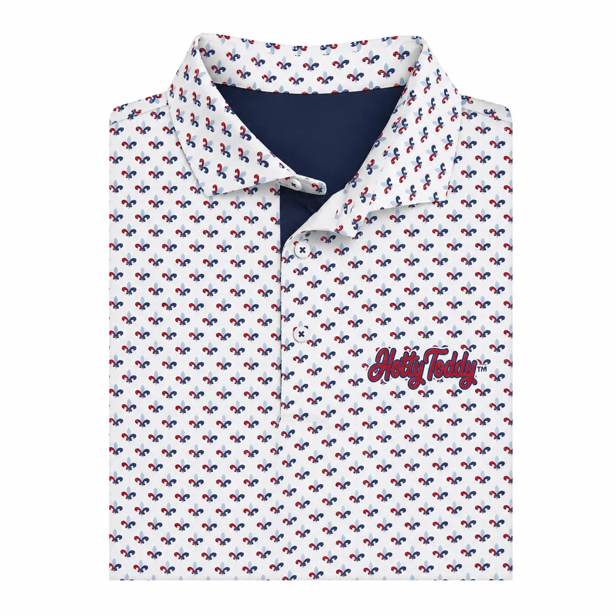 Men's Fleur-de-Lis Print Polo Shirt, White Performance Golf Polo, Patriotic Casual Collared Shirt, Breathable Short Sleeve Polo for Golf & Everyday Wear
