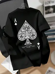 Men's Ace Of Spades Print Short Sleeve Tee, Casual Style Tee, Regular Fit Casual Comfy Round Neck T-shirt for Summer, All-match Summer Clothes for Daily Wear
