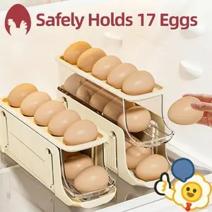 Automatic Rolling Egg Dispenser Organizer for Refrigerator, 3-Tier Space-Saving Egg Holder Tray, Holds 17 Eggs, Durable Plastic Egg Storage Rack for Fridge, Counter, Kitchen Cabinet (Yellow, Gray)