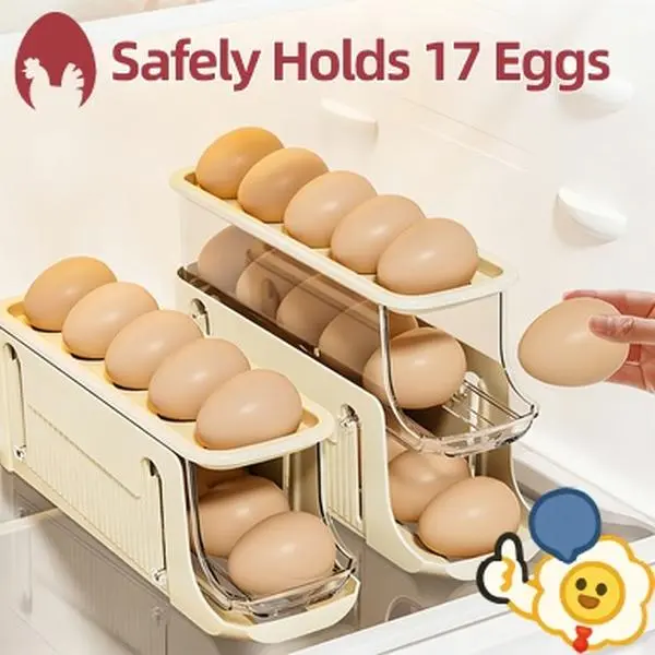Automatic Rolling Egg Dispenser Organizer for Refrigerator, 3-Tier Space-Saving Egg Holder Tray, Holds 17 Eggs, Durable Plastic Egg Storage Rack for Fridge, Counter, Kitchen Cabinet (Yellow, Gray)