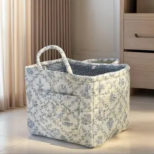 Foldable Laundry Basket Boho Bear Storage Basket Floral Quilted Fabric Car Storage Basket Handles Large Laundry Baskets Clothes Basket Organizer Laundry Hamper for Clothes and Dolls