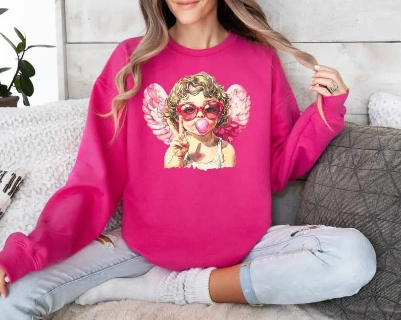 [Sale Up To 50%] Retro Cupid Sweatshirt, Retro Valentines Day Shirt, Valentines Angel Baby Sweatshirt, Love Hearts Valentine Sweatshirt, Cupid Day Shirt, streetwear graphic tee