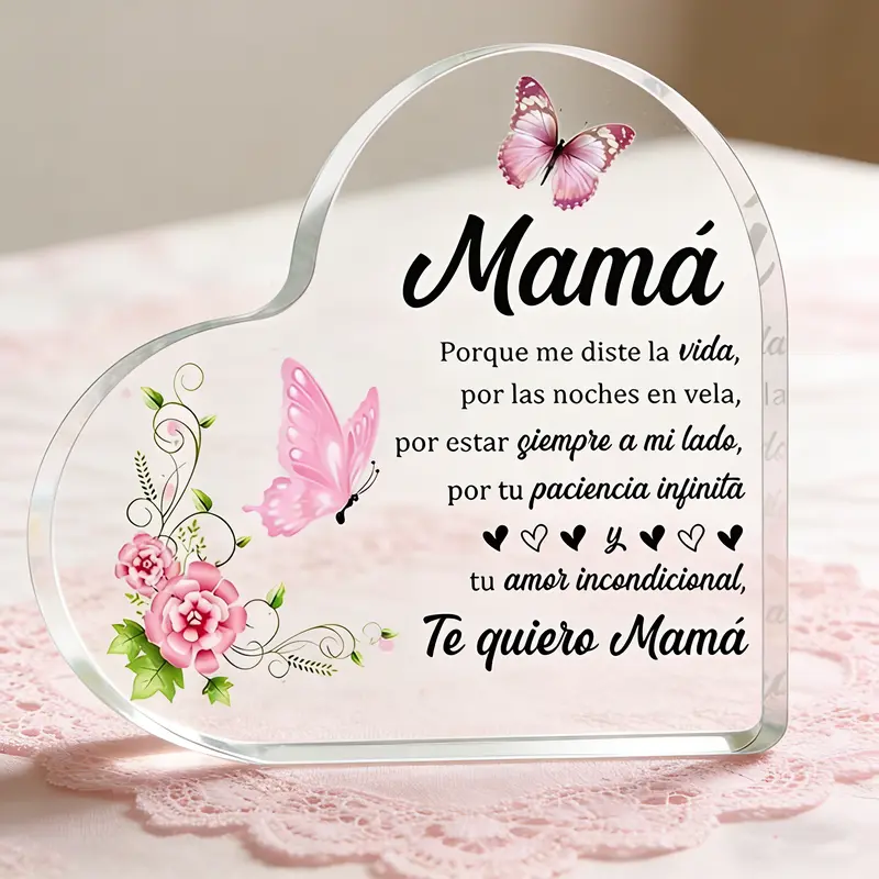 Transparent Heart Shape Acrylic Plaque Decorative Minimalist Wall Art Sign - Bilingual Heartfelt Messages Spanish-English Te Quiero Themed, Father's Day Birthday Gift for Dad, Home Office Desk Decor