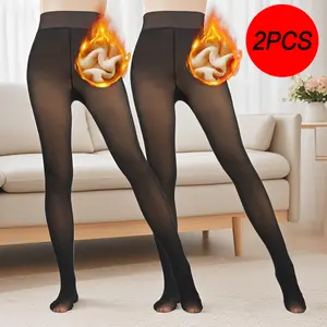 2 Pairs Women Fleece Lined Tights-Fake Translucent Leggings Fleece Lined Leggings High Waist Pantyhose Sheer Thick Warm Tights For Women