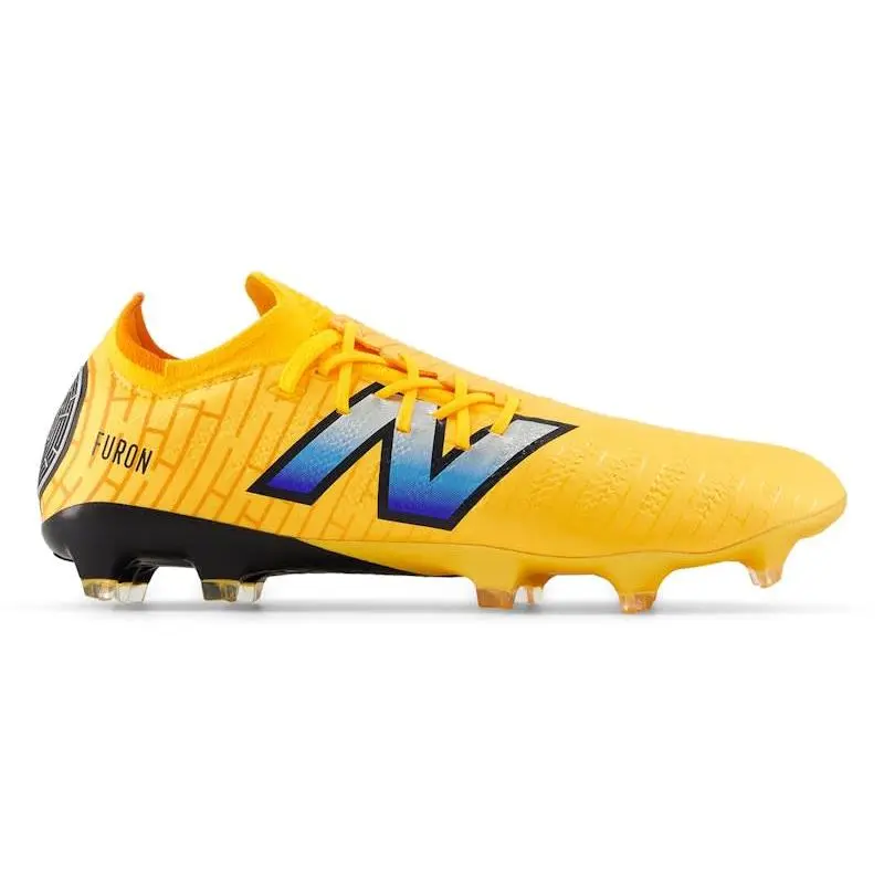 New Balance Furon Pro FG V7 Sun Glow Silver Metallic Black Firm Ground Soccer Cleats Football Boots Lightweight Speed Shoes Lace-Up Elite Performance Cleats Synthetic Upper TPU Outsole Natural Grass Soccer Shoes Adult Unisex Football Boots