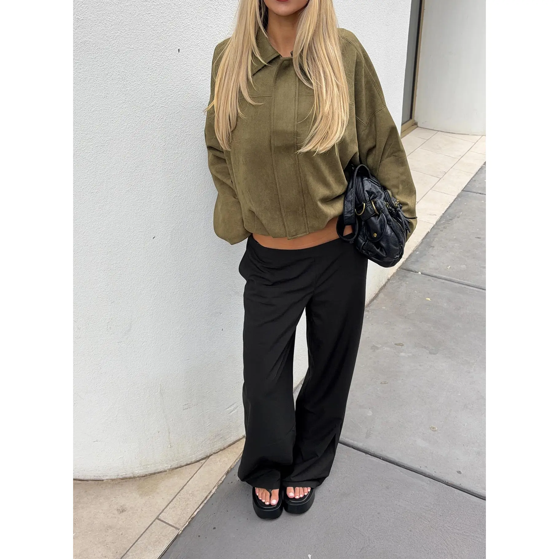 Enlightened Faux Suede Bomber Jacket Khaki
