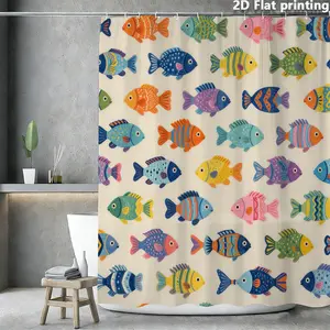 2D Flat 1Pc Printed Shower Curtain, Colorful Cartoon Fish Pattern, Polyester Material, Includes Grommets, Suitable for Home Use, Easy to Dry, Decorative and Practical Bathroom Accessory